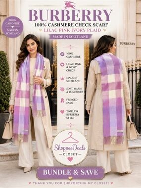 Burberry 100% Cashmere Check Scarf Lilac Pink Ivory Plaid Fringe Made Scotland